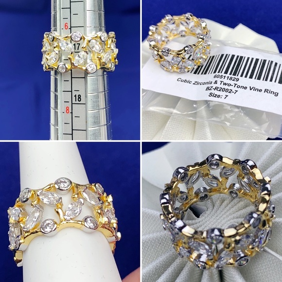 Two Tone Cubic Zirconia Eternity Ring Size 7 Round Marquise Bezel Vine Ring - Picture 15 of 16